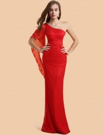 wedding photo -  Sheath Column One Shoulder Floor Length Red Evening Dress
