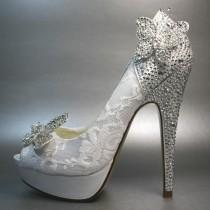 wedding photo - Wedding Shoes -- White Platform Peeptoe With Silver Crystals On Heel And Silver Crystal Butterfly