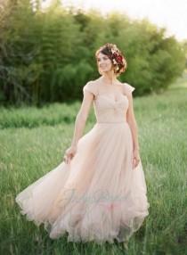 wedding photo -  JOL240 blush pink colored cap sleeves flowy tulle wedding dress