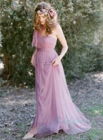 wedding photo -  JM14011 lavender purple color one shoulder long tulle bridesmaid dress new