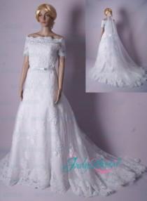 wedding photo -  LJ186 modest off shoulder short sleeve lace princess wedding dress