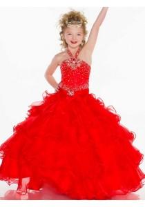 wedding photo -  Halter Sweep Train Organza Red Ball Gown Girls Pageant Dress