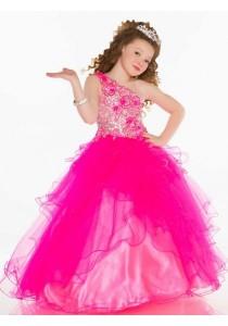 wedding photo -  One Shoulder Sweep Train Tulle Red Ball Gown Girls Pageant Dress