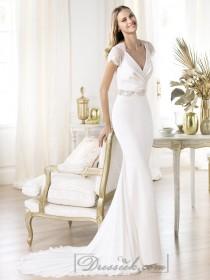 wedding photo -  Elegant Short Sleeves Plunging V-neck Mermaid Illusion Back Wedding Dresses Featuring Crystal