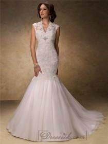wedding photo -  Fit and Flare V-neck Lace Wedding Dresses with Illusion Sleeves