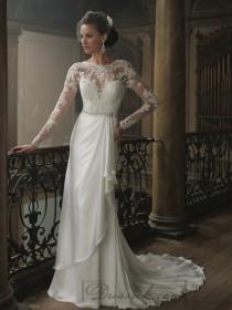 wedding photo -  Sheath Bateau Neckline Ruffled V-back Wedding Dresses with Lace Long Sleeves
