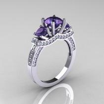 wedding photo - French 18K White Gold Three Stone Alexandrite Diamond Wedding Ring, Engagement Ring R182-18KWGDAL