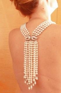 wedding photo - Elegant Vintage 1940s Back Bib Runway Necklace Waterfall Rhinestone-Glass Pearls