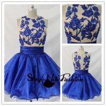 wedding photo -  Blue Nude Floral Embellished Top High Neck Ruched Homecoming Dress 2015