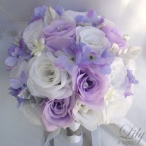 wedding photo - 17 Pieces Package Silk Flower Wedding Decoration Bridal Bouquet WHITE LAVENDER "Lily Of Angeles"