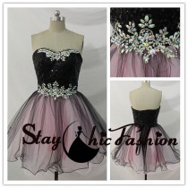 wedding photo -  Black Pink Sequined Top Rhinestone Beaded Waist Two Tone Party Dress