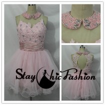 wedding photo -  Pink Pearls Beaded Collar Neck Floral Applique Top Short Princess Prom Dress
