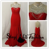 wedding photo -  Red Long Rhinestone Beaded High Neck Slit Open Back Jersey Evening Gown