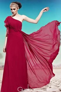 wedding photo -  Virtual Pink One-shoulder Ruched Embroidered Long Prom Dress