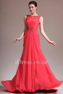wedding photo - Red Illusion Neck Long Chiffon Evening Dress with Sheer Back