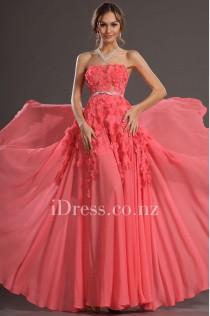 wedding photo - Watermelon Chiffon Straight Flower Embellished A-line Prom Dress