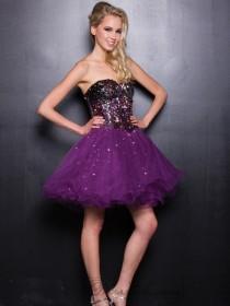 wedding photo -  Plum & Silver Sweetheart Sequin Tulle Short Prom Dresses