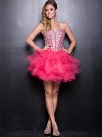 wedding photo -  Watermelon Sweetheart Beaded Tulle Short Prom Dresses with Layers Skirt