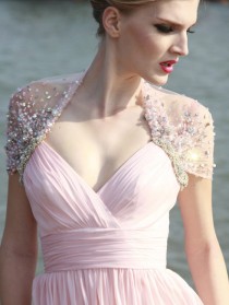 wedding photo - Frosted Pink Evening Prom Dress with Jewel Encrusted Sleeves