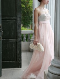 wedding photo - Grecian Pink and Gray Strapless Long Evening Dress