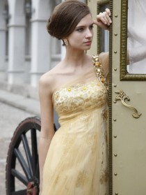 wedding photo - Gold One Shoulder Prom Evening Dress with Layers