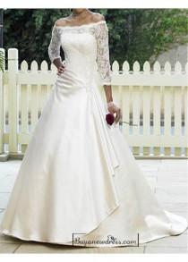 wedding photo -  Beautiful Elegant Satin & Lace A-line Off-the-shoulder Wedding Dress In Great Handwork
