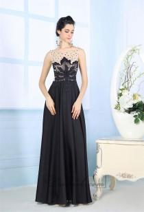 wedding photo -  Black Illusion Boat Neckline Embroidered Floor Length Prom Dresses