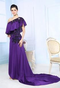 wedding photo -  Purple Asymmetrical One-shoulder Embroidered Long Formal Dresses