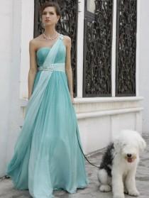 wedding photo - One Shoulder Aqua Long Grecian Style Evening Dress