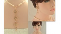 wedding photo -  Bridal back drop necklace set -Rose gold vintage inspired art deco Swarovski crystal rhinestone bridalback drop necklace and dangle earrings