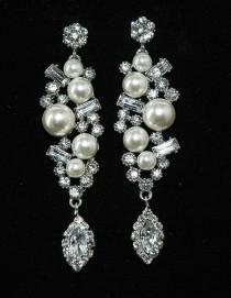 wedding photo -  Wedding Art Deco Pearl Bridal Earrings, Vintage Crystal Rhinestone Bridal Earrings, Wedding Diamante Jewellery