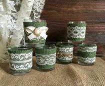 wedding photo -  6 Hunter green burlap and ivory lace coveret votice tea candles, wedding, bridal shower table decoration