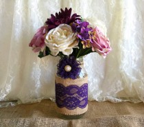 wedding photo -  purple burlap and lace covered mason jar vase - wedding decoration, bridal shower decoration, country chic decoration