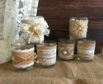 wedding photo -  6 naturlap burlap and lace covered votive tea candles, country chic wedding decoration, bridal shower decor or home decor, vintage style