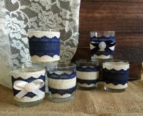 wedding photo -  navy blue and ivory rustic burlap and lace covered 6 votive tea candles, wedding, bridal shower, birthday, home decor