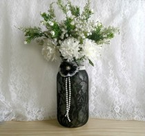 wedding photo -  Black lace covered half gallson ball mason jar vase wedding decoration, engagement, anniversary or home deocration