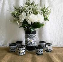 wedding photo -  black burlap and white lace covered votive tea candles and vase country chic wedding decorations, bridal shower decor, home decor