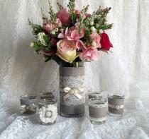 wedding photo -  Rustic light grey and ivory burlap and lace covered votive tea candles and vase wedding decorations, bridal shower decor