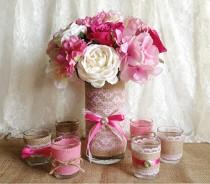 wedding photo -  natural burlap and pink lace covered 1 vase and 6 votive tea candles -  wedding