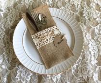 wedding photo -  10 burlap and lace rustic silverware holder, wedding, bridal shower, tea party table decoration