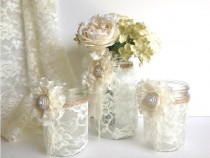 wedding photo -  3 piece lace covered mason jars with adorable lace flowers 1 vase and 2 candle holder, wedding decor gift or for you NEW