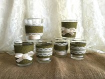 wedding photo -  6 Moss green burlap and lace covered votive tea candles, country chic wedding decoration, bridal shower decor or home decor, vintage style