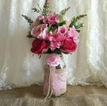 wedding photo -  pink burlap and lace covered mason jar vases - wedding decoration, bridal shower decoration, country chic decoration