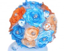 wedding photo -  Blue and orange Bridal bouquet, Artificial Wedding bouquet, Paper Bouquet, Wedding party bouquets, Fake flower bouquet, blue silk bouquets