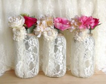 wedding photo -  3 ivory lace covered ball mason jar half gallon vases, wedding decoration, engagement, anniversary or home