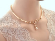 wedding photo -  Bridal necklace -Rose gold vintage inspired art deco Swarovski crystal rhinestone bridal necklace -Swarovski crystal and pearl necklace