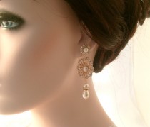 wedding photo -  Rose gold dangle earrings-Rose gold bridal earrings-Rose gold art deco rhinestone Swaroski crystal earrings - Wedding jewelry
