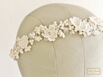 wedding photo -  Bridal Headpiece, Bridal Headband, Wedding Hair Accessory, Wedding Headpiece, Ivory, Lace, Floral, Ribbon Headband, Bridal Hair Vine
