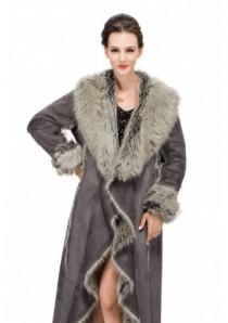wedding photo -  Gray faux suede with fox fur large collar women full length coat