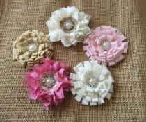 wedding photo -  5 shabby chic handmade flowers pink, rose pink, icory and beige colors